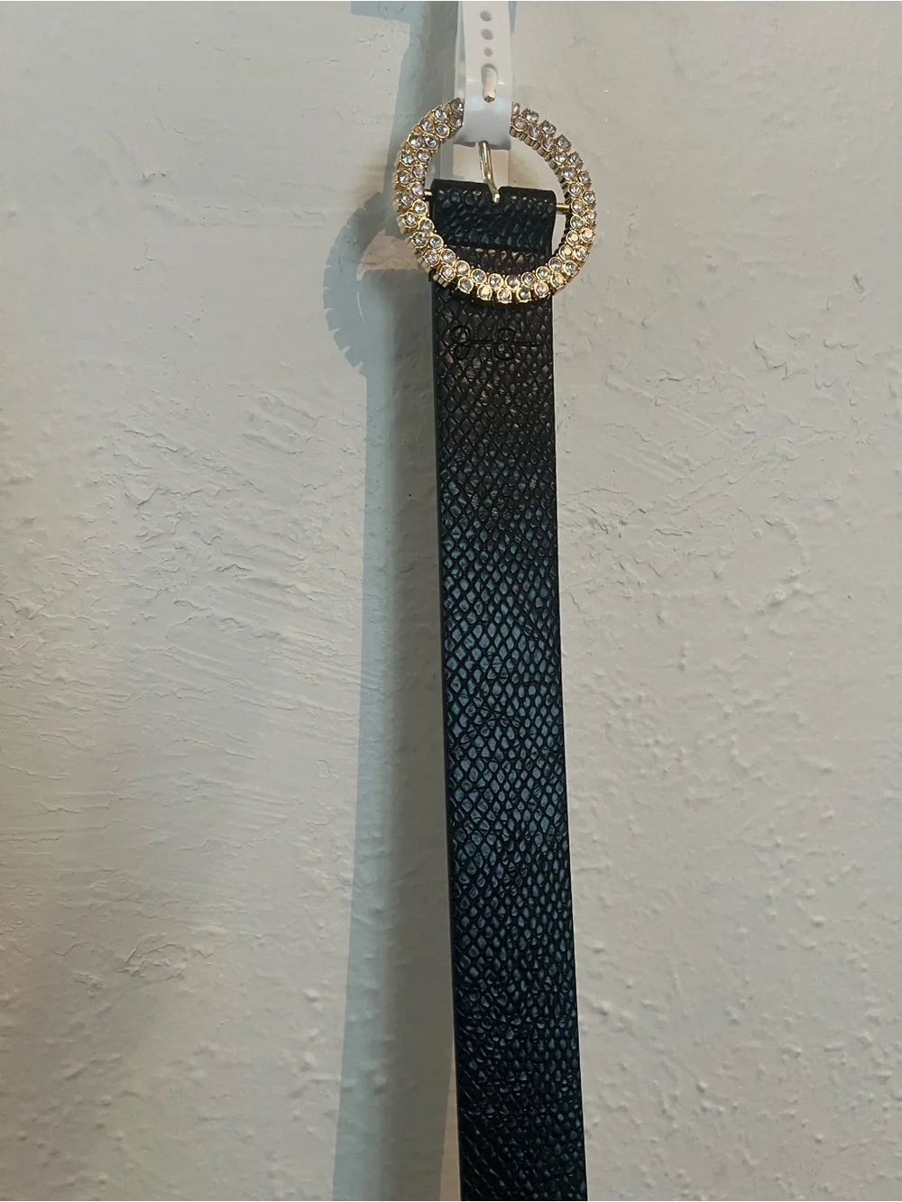 Jessica Simpson Black Textured Belt with Gold Crystal Circle Buckle